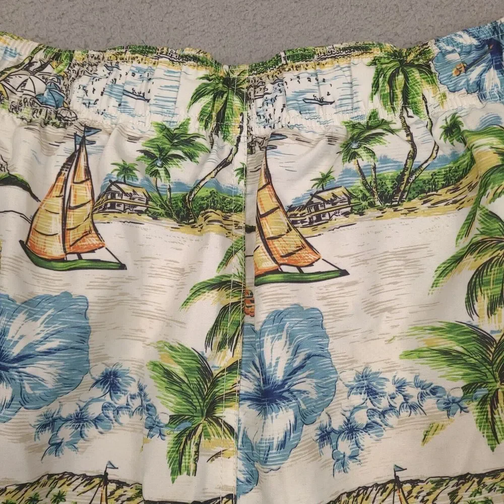 Croft &‎ Barrow Swim Trunks Mens Large White Hawaiian Floral Sailboat Palm Lined